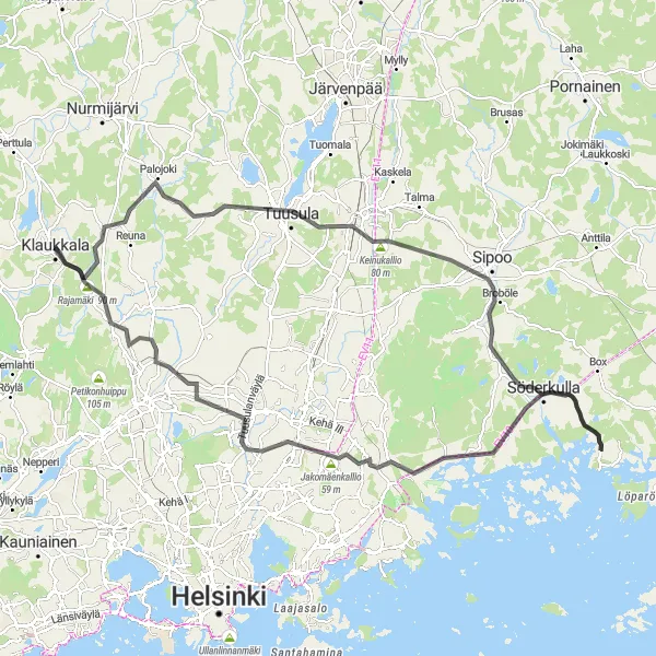 Karttaminiaatyyri "Klaukkala - Viirinlaakso - Haukkaankallio - Aurinkomäki - Kerava - Jakomäki - Jakomäenkallio - Pakkala - Helsinki-Vantaan kiitorata 3 - Rajamäki - Klaukkala" pyöräilyinspiraatiosta alueella Helsinki-Uusimaa, Finland. Luotu Tarmacs.app pyöräilyreittisuunnittelijalla