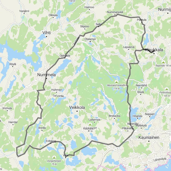 Map miniature of "Road to Vols" cycling inspiration in Helsinki-Uusimaa, Finland. Generated by Tarmacs.app cycling route planner