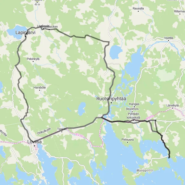 Map miniature of "Lapinjärvi Road Beauty" cycling inspiration in Helsinki-Uusimaa, Finland. Generated by Tarmacs.app cycling route planner