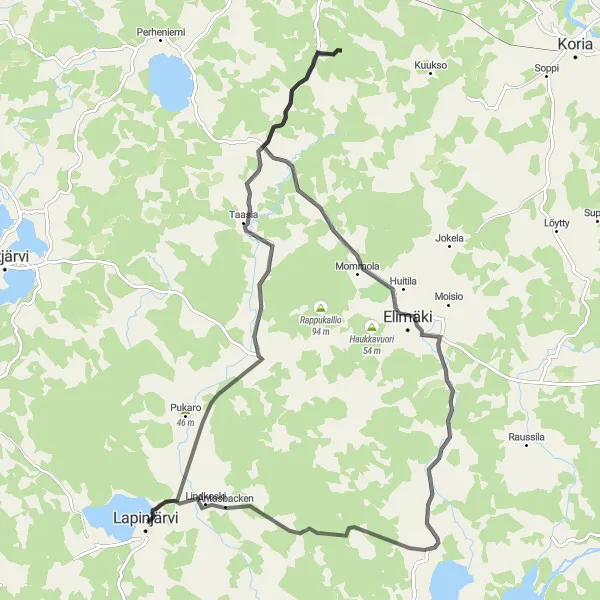 Map miniature of "Elimäki Adventure Ride" cycling inspiration in Helsinki-Uusimaa, Finland. Generated by Tarmacs.app cycling route planner