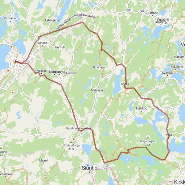 Map miniature of "Siuntion Kirkonkylä Gravel Loop" cycling inspiration in Helsinki-Uusimaa, Finland. Generated by Tarmacs.app cycling route planner