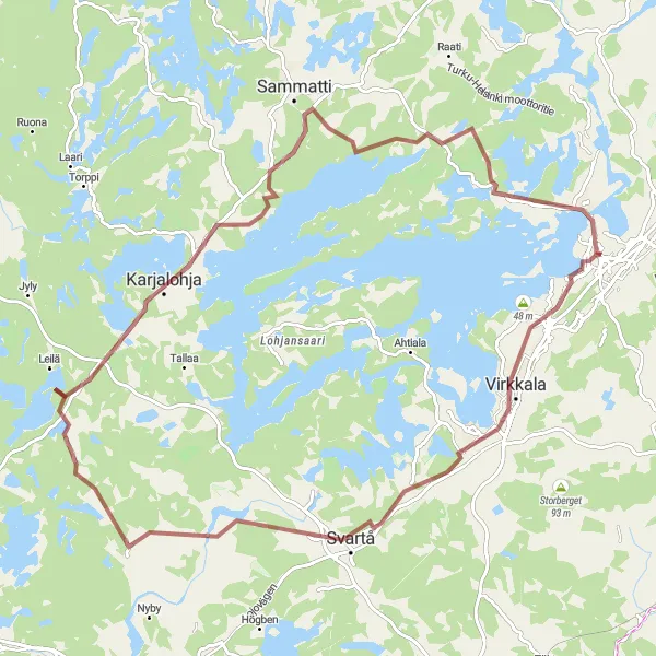 Map miniature of "Gravel Adventure at Virkkala" cycling inspiration in Helsinki-Uusimaa, Finland. Generated by Tarmacs.app cycling route planner