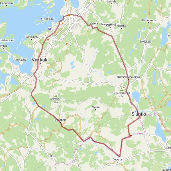 Karttaminiaatyyri "Siuntio-Degerby-Virkkala-gravel-kiertoreitti" pyöräilyinspiraatiosta alueella Helsinki-Uusimaa, Finland. Luotu Tarmacs.app pyöräilyreittisuunnittelijalla