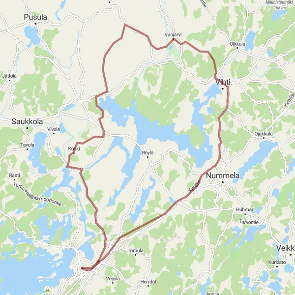 Map miniature of "Lohja-Lempola-Oinasjoki-Moisio Gravel Adventure" cycling inspiration in Helsinki-Uusimaa, Finland. Generated by Tarmacs.app cycling route planner