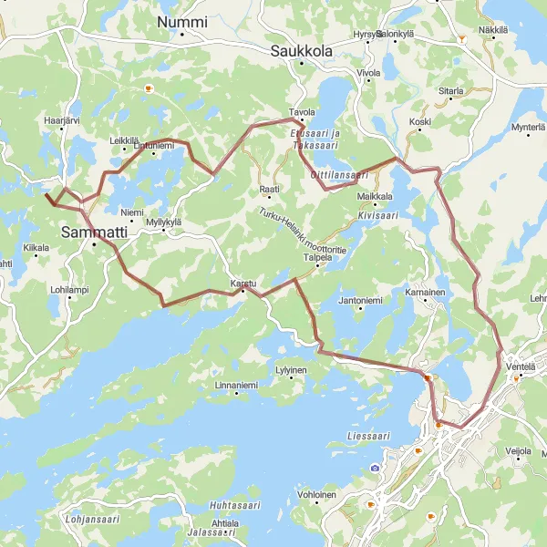 Map miniature of "Scenic Gravel Escape to Sammatti" cycling inspiration in Helsinki-Uusimaa, Finland. Generated by Tarmacs.app cycling route planner