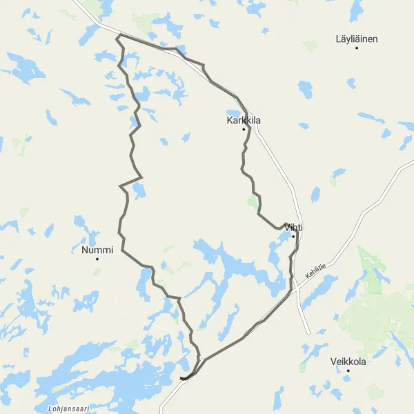 Map miniature of "Lohja Loop" cycling inspiration in Helsinki-Uusimaa, Finland. Generated by Tarmacs.app cycling route planner