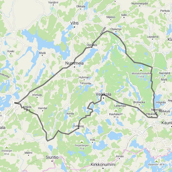 Map miniature of "Lohja-Moisio-Nummela-Otalampi-Veikkola-Evitskog Road Challenge" cycling inspiration in Helsinki-Uusimaa, Finland. Generated by Tarmacs.app cycling route planner