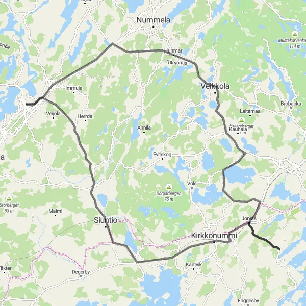 Map miniature of "Lohja-Hiidenkirnu-Veikkola-Masala-Kirkkonummi-Siuntio Road Adventure" cycling inspiration in Helsinki-Uusimaa, Finland. Generated by Tarmacs.app cycling route planner