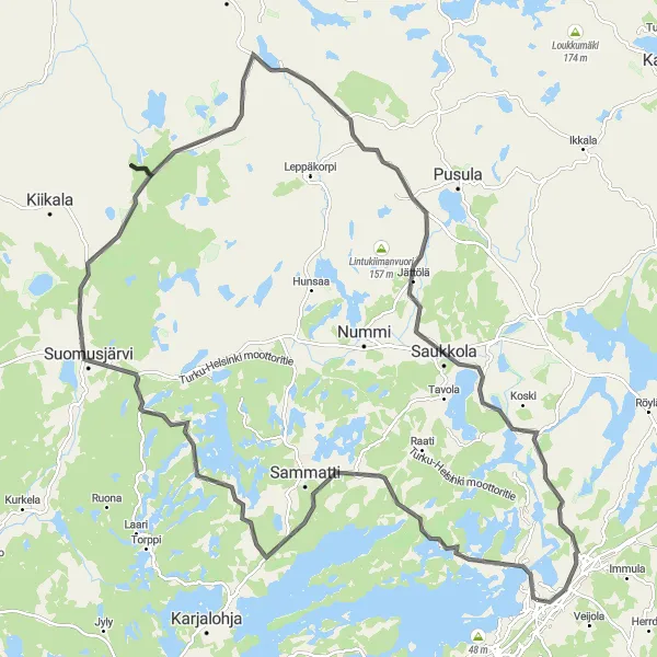 Map miniature of "Lakeside Serenity in Suomusjärvi" cycling inspiration in Helsinki-Uusimaa, Finland. Generated by Tarmacs.app cycling route planner