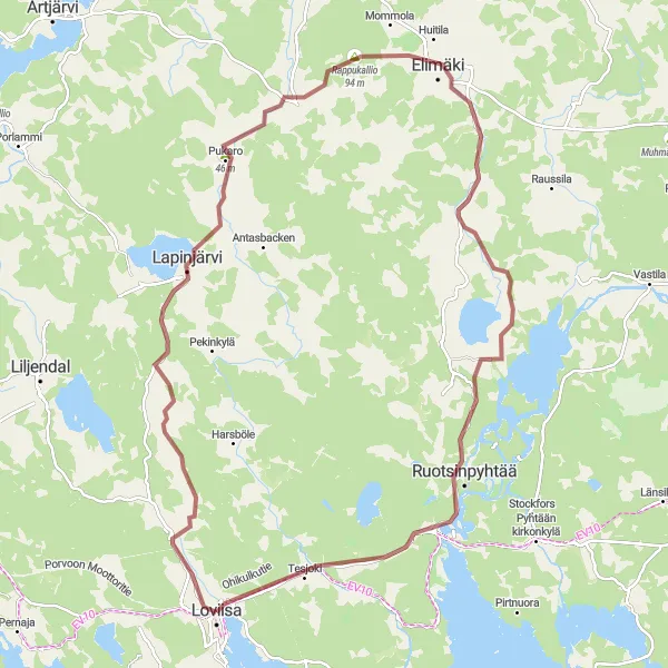 Map miniature of "The Gravel Escape" cycling inspiration in Helsinki-Uusimaa, Finland. Generated by Tarmacs.app cycling route planner