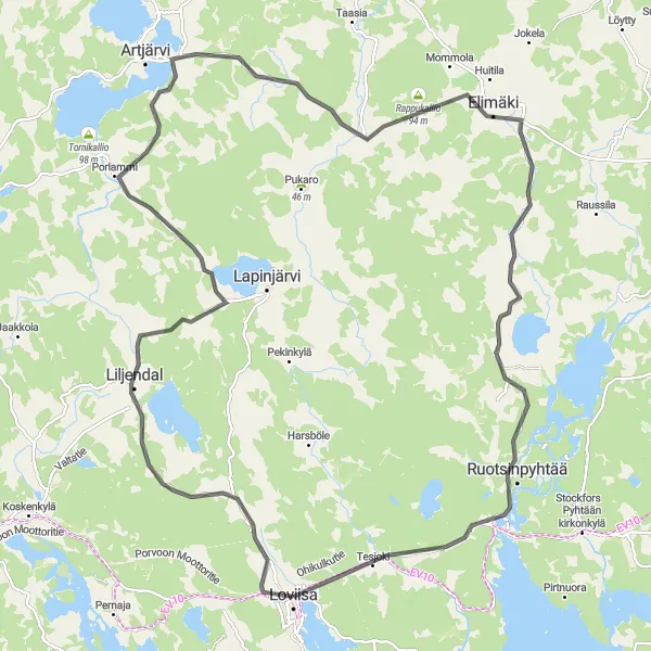 Karttaminiaatyyri "Historiallinen retki - Linnoitusten ja maaseudun matka" pyöräilyinspiraatiosta alueella Helsinki-Uusimaa, Finland. Luotu Tarmacs.app pyöräilyreittisuunnittelijalla