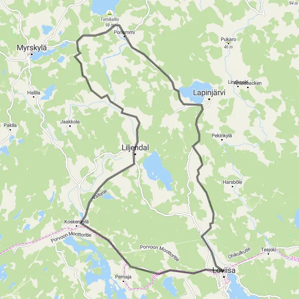 Map miniature of "The Koskenkylä Adventure" cycling inspiration in Helsinki-Uusimaa, Finland. Generated by Tarmacs.app cycling route planner