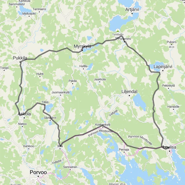 Map miniature of "The Loviisan Loop" cycling inspiration in Helsinki-Uusimaa, Finland. Generated by Tarmacs.app cycling route planner