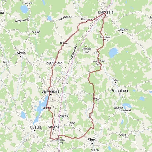 Map miniature of "Mäntsälä - Horsmankallio - Martinkylä - Kerava - Lintutorni - Kellokoski - Hirvihaara" cycling inspiration in Helsinki-Uusimaa, Finland. Generated by Tarmacs.app cycling route planner