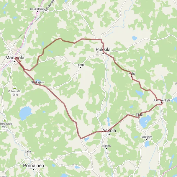 Map miniature of "Gravel Expedition through Naarkoski and Askola" cycling inspiration in Helsinki-Uusimaa, Finland. Generated by Tarmacs.app cycling route planner