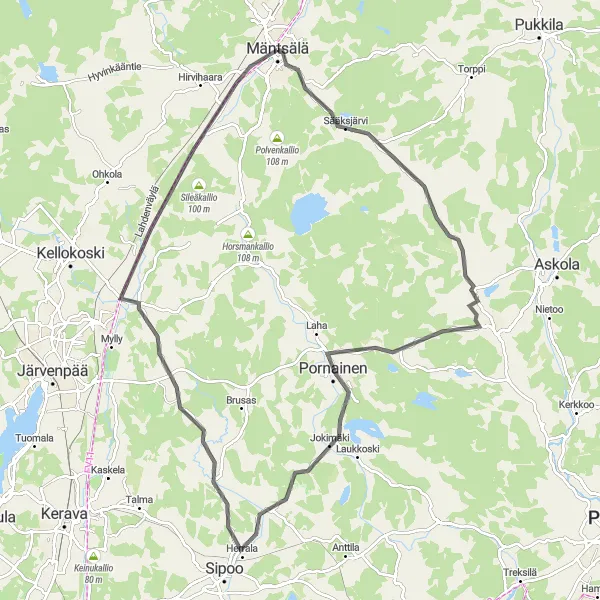 Map miniature of "Mäntsälä - Pornainen - Nickby gård - Paippinen - Koivurinne - Seurojentalo" cycling inspiration in Helsinki-Uusimaa, Finland. Generated by Tarmacs.app cycling route planner