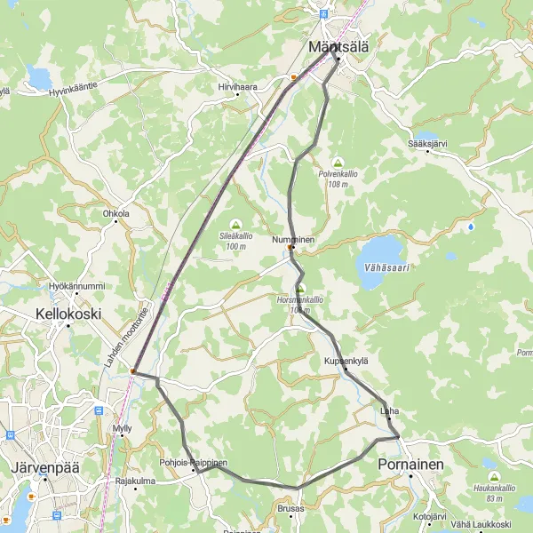 Karttaminiaatyyri "Mäntsälä ja Koivurinne -reitti" pyöräilyinspiraatiosta alueella Helsinki-Uusimaa, Finland. Luotu Tarmacs.app pyöräilyreittisuunnittelijalla