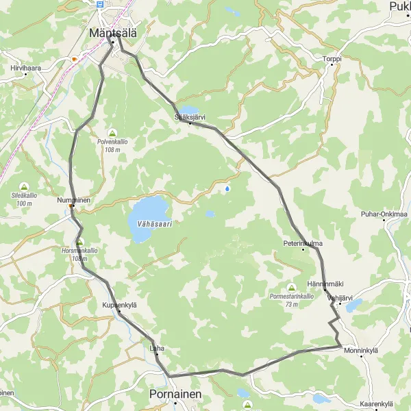 Map miniature of "Rural Charm" cycling inspiration in Helsinki-Uusimaa, Finland. Generated by Tarmacs.app cycling route planner