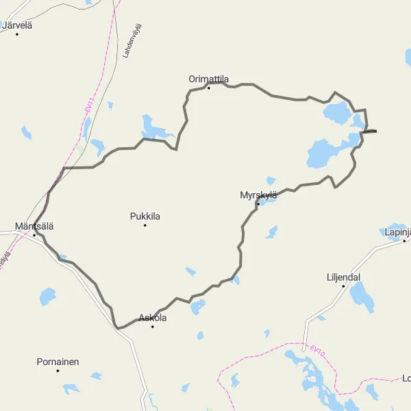 Map miniature of "Sääksjärvi and Koivumäki Challenge" cycling inspiration in Helsinki-Uusimaa, Finland. Generated by Tarmacs.app cycling route planner