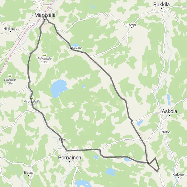 Map miniature of "Picturesque Monninkylä Route" cycling inspiration in Helsinki-Uusimaa, Finland. Generated by Tarmacs.app cycling route planner