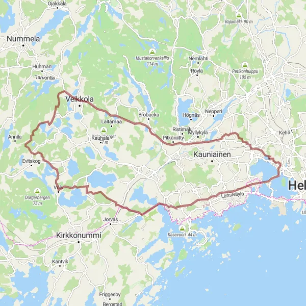 Karttaminiaatyyri "Munkkiniemi - Hvittorp - Leppävaara" pyöräilyinspiraatiosta alueella Helsinki-Uusimaa, Finland. Luotu Tarmacs.app pyöräilyreittisuunnittelijalla