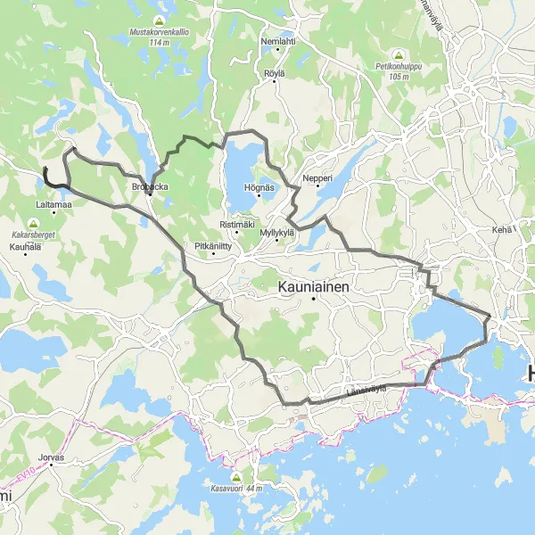 Map miniature of "Espoo Road Adventure" cycling inspiration in Helsinki-Uusimaa, Finland. Generated by Tarmacs.app cycling route planner