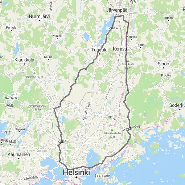 Map miniature of "Roads Less Traveled: Espoo to Kulosaari" cycling inspiration in Helsinki-Uusimaa, Finland. Generated by Tarmacs.app cycling route planner