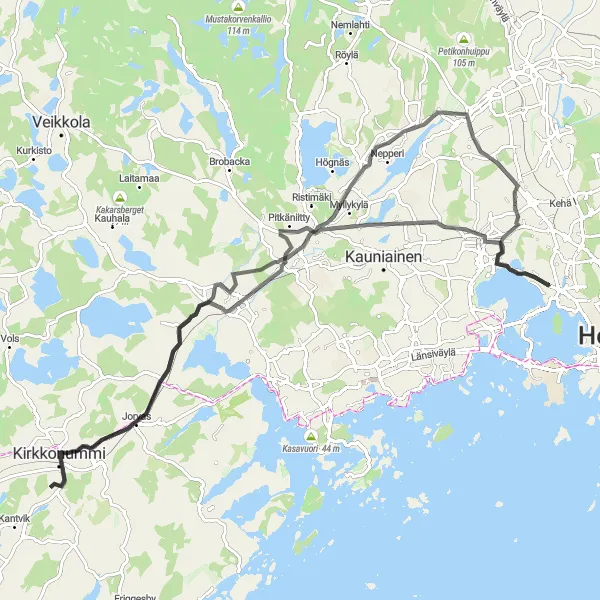 Karttaminiaatyyri "Kirkkonummi Explorer" pyöräilyinspiraatiosta alueella Helsinki-Uusimaa, Finland. Luotu Tarmacs.app pyöräilyreittisuunnittelijalla