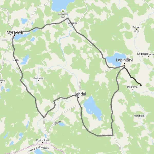 Karttaminiaatyyri "Myrskylä - Kamalakallio - Kuuskoski - Lapinjärven Kirkonkylä" pyöräilyinspiraatiosta alueella Helsinki-Uusimaa, Finland. Luotu Tarmacs.app pyöräilyreittisuunnittelijalla