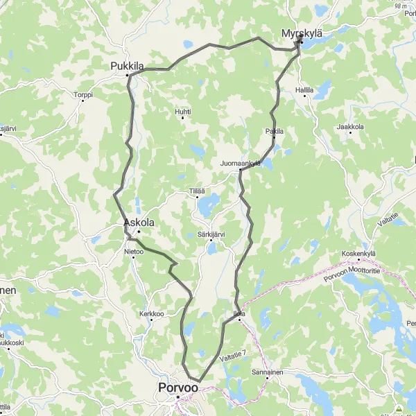 Map miniature of "Scenic Countryside Ride near Myrskylä" cycling inspiration in Helsinki-Uusimaa, Finland. Generated by Tarmacs.app cycling route planner