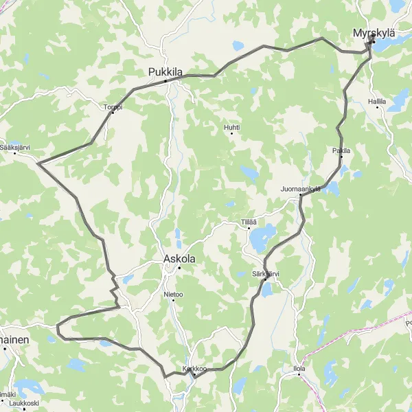 Karttaminiaatyyri "Myrskylä - Kamalakallio - Naarkoski - Pukkila" pyöräilyinspiraatiosta alueella Helsinki-Uusimaa, Finland. Luotu Tarmacs.app pyöräilyreittisuunnittelijalla