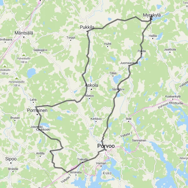 Map miniature of "Pine Forest of Myrskylä" cycling inspiration in Helsinki-Uusimaa, Finland. Generated by Tarmacs.app cycling route planner