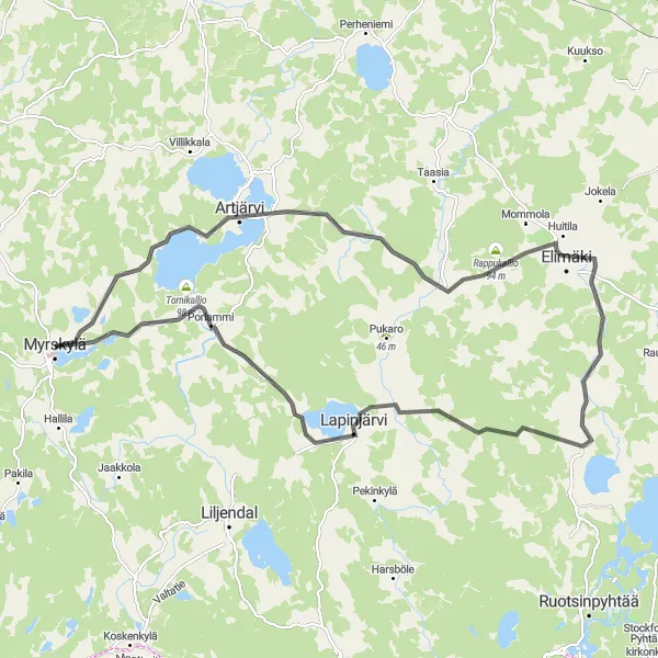 Map miniature of "Scenic Countryside Loop" cycling inspiration in Helsinki-Uusimaa, Finland. Generated by Tarmacs.app cycling route planner