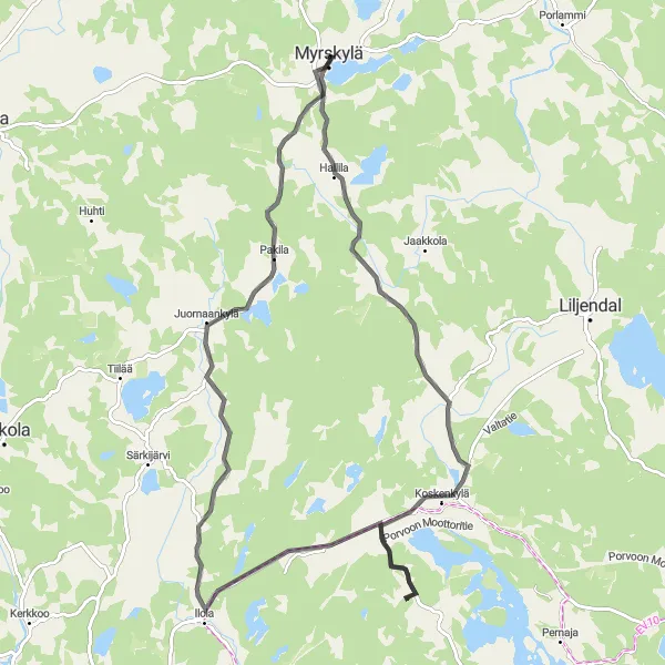 Map miniature of "Serenity of Myrskylä" cycling inspiration in Helsinki-Uusimaa, Finland. Generated by Tarmacs.app cycling route planner