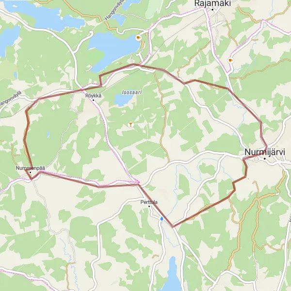 Map miniature of "Gravel adventure in Nurmijärvi" cycling inspiration in Helsinki-Uusimaa, Finland. Generated by Tarmacs.app cycling route planner