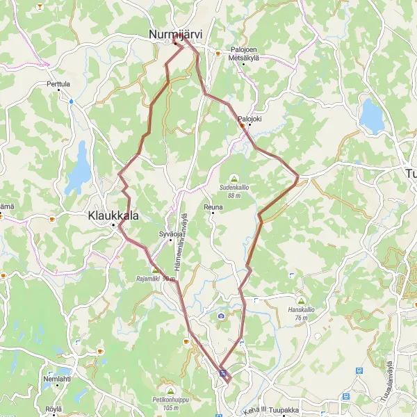 Map miniature of "Gravel Adventure in Nurmijärvi" cycling inspiration in Helsinki-Uusimaa, Finland. Generated by Tarmacs.app cycling route planner