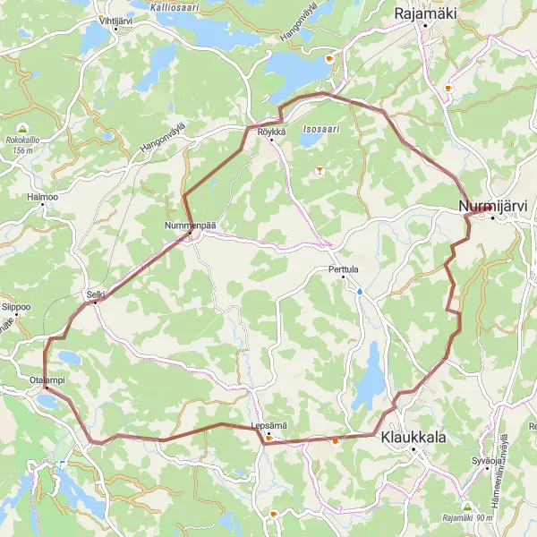 Map miniature of "Off-road Excursion around Nurmijärvi" cycling inspiration in Helsinki-Uusimaa, Finland. Generated by Tarmacs.app cycling route planner