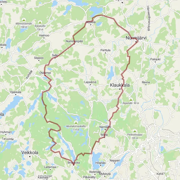 Map miniature of "Challenging Gravel Tour of Nurmijärvi" cycling inspiration in Helsinki-Uusimaa, Finland. Generated by Tarmacs.app cycling route planner