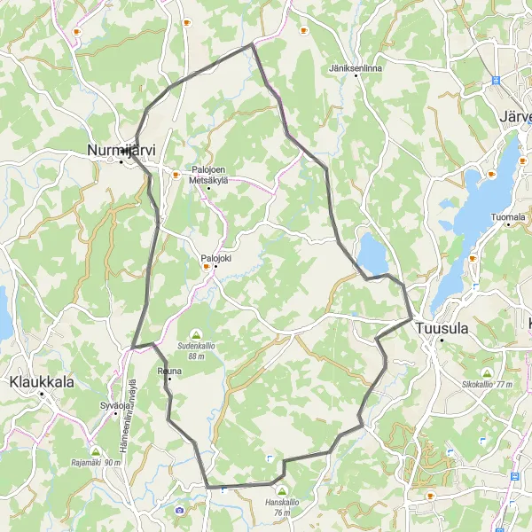 Map miniature of "Scenic Road Trip to Kirkkovaara" cycling inspiration in Helsinki-Uusimaa, Finland. Generated by Tarmacs.app cycling route planner