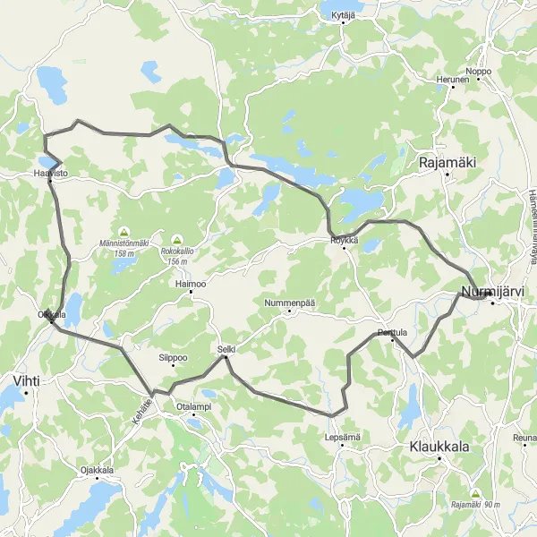 Map miniature of "Challenging Road Cycling Tour of Nurmijärvi" cycling inspiration in Helsinki-Uusimaa, Finland. Generated by Tarmacs.app cycling route planner