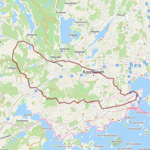 Map miniature of "The Rustic Gravel Journey" cycling inspiration in Helsinki-Uusimaa, Finland. Generated by Tarmacs.app cycling route planner