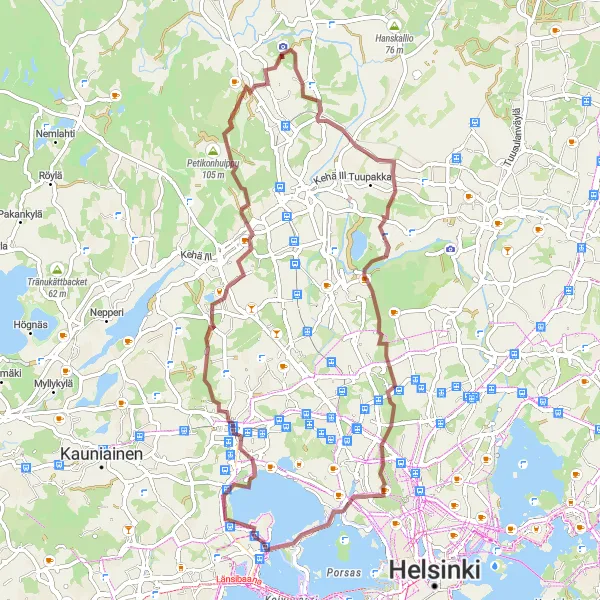 Karttaminiaatyyri "Merenrantamaastojen Kiemurat ja Metsäpolut" pyöräilyinspiraatiosta alueella Helsinki-Uusimaa, Finland. Luotu Tarmacs.app pyöräilyreittisuunnittelijalla