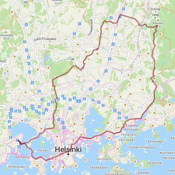 Map miniature of "Otaniemi – Paloheinän huippu – Helsingin pitäjän kirkonkylä – Palokallio – Kulosaari – Isoisänsilta – Lehtisaari" cycling inspiration in Helsinki-Uusimaa, Finland. Generated by Tarmacs.app cycling route planner