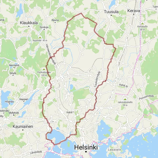 Map miniature of "The Westside Gravel Adventure" cycling inspiration in Helsinki-Uusimaa, Finland. Generated by Tarmacs.app cycling route planner