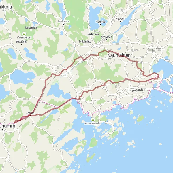 Map miniature of "Gravel Adventure to Saunalahti" cycling inspiration in Helsinki-Uusimaa, Finland. Generated by Tarmacs.app cycling route planner