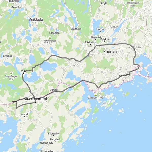 Map miniature of "Otaniemi – Matinkylä – Saunalahti – Kasberget – Degerberget – Kirkkonummi – Olarsbacken – Espoo - Herttuankallio" cycling inspiration in Helsinki-Uusimaa, Finland. Generated by Tarmacs.app cycling route planner