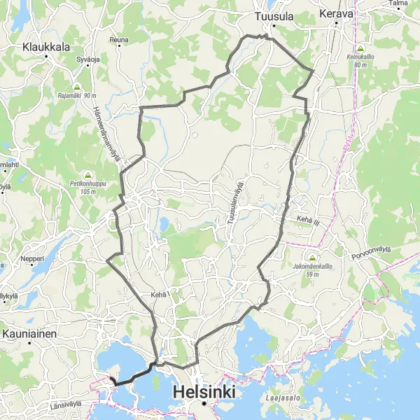 Karttaminiaatyyri "Kumpuileva Kulttuurimatka" pyöräilyinspiraatiosta alueella Helsinki-Uusimaa, Finland. Luotu Tarmacs.app pyöräilyreittisuunnittelijalla