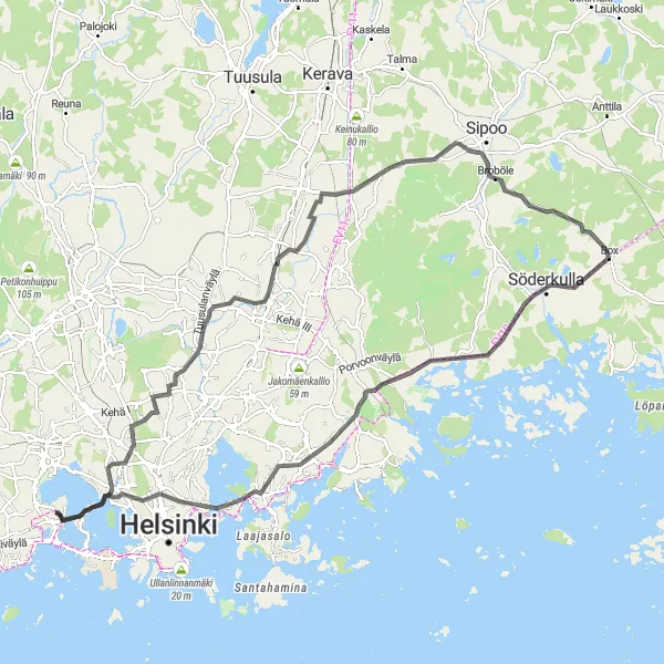 Map miniature of "The Coastal Adventure" cycling inspiration in Helsinki-Uusimaa, Finland. Generated by Tarmacs.app cycling route planner