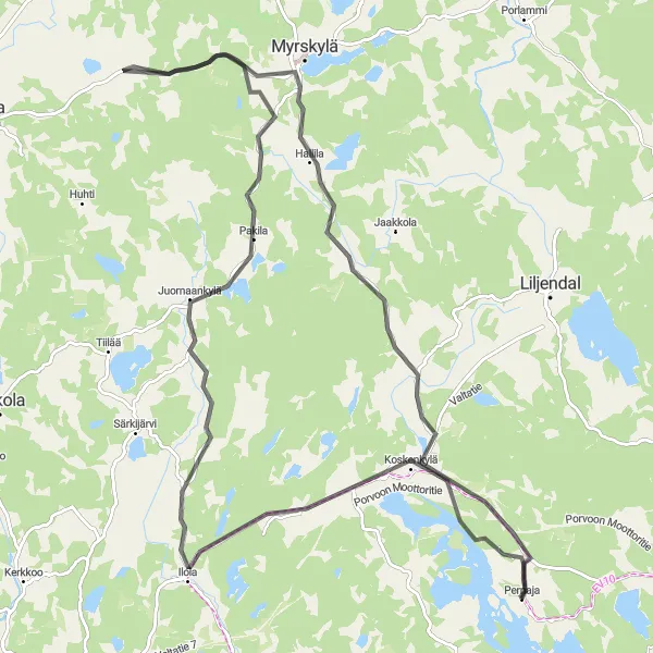 Map miniature of "Koskenkylä Loop" cycling inspiration in Helsinki-Uusimaa, Finland. Generated by Tarmacs.app cycling route planner