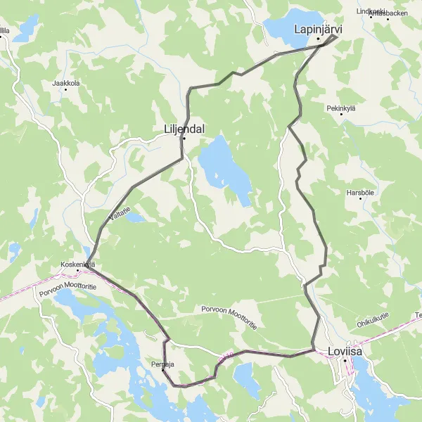 Map miniature of "Liljendal Loop" cycling inspiration in Helsinki-Uusimaa, Finland. Generated by Tarmacs.app cycling route planner